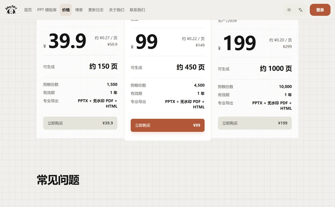 二狗PPT定价页三档套餐的狗粮份数与约合页数