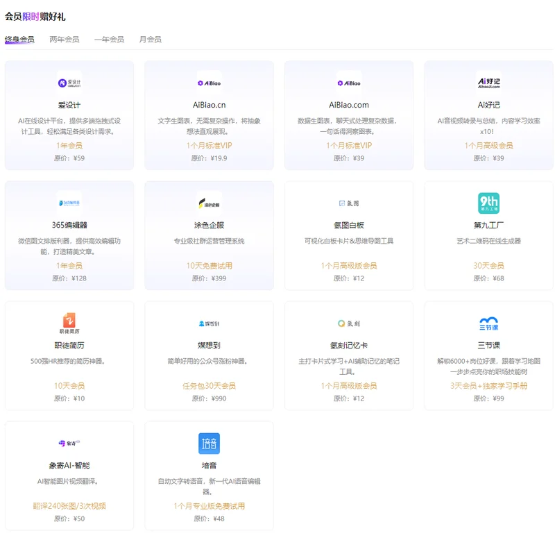 AiPPT會員限時贈好禮頁面,按終身會員兩年會員一年會員月會員分檔,列出14家第三方產品會員權益