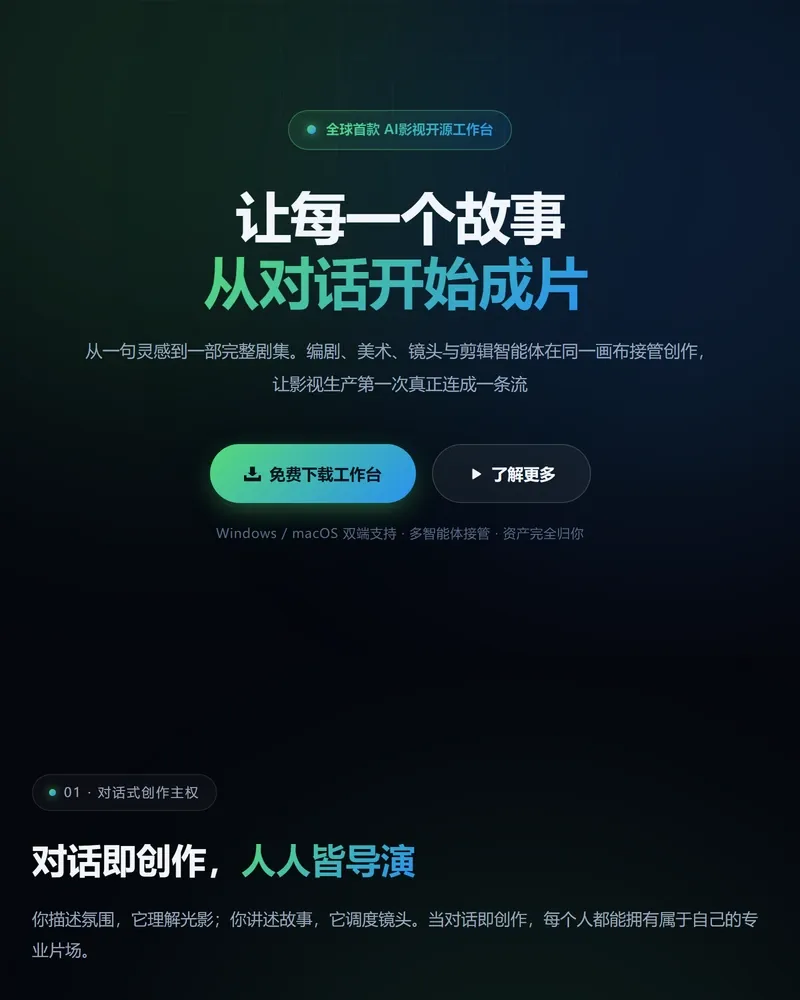 AniShort 工作台页面,主按钮为免费下载工作台,标注 Windows 与 macOS 双端支持