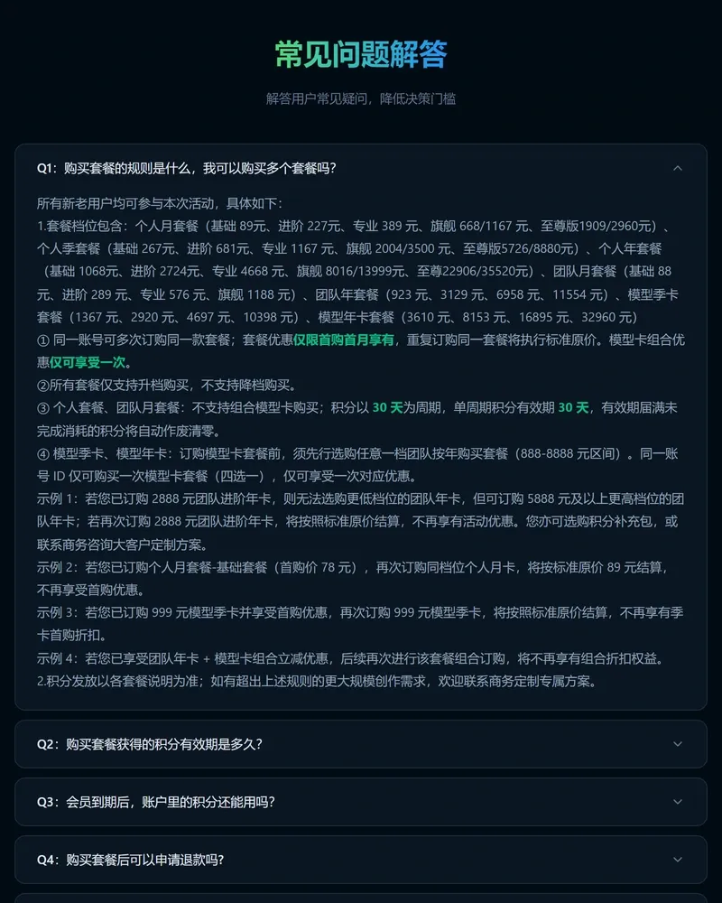 AniShort 定价页常见问题 Q1,列出个人月套餐 89 元到 1909 元的标准价