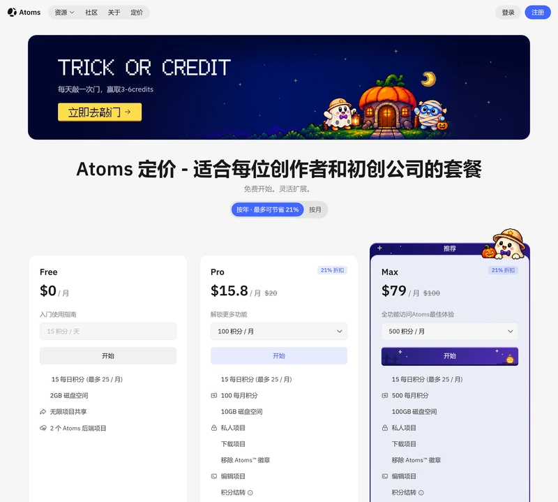 Atoms 定價頁三檔套餐：Free 0 美元、Pro 15.8 美元每月、Max 79 美元每月，年付七九折，標註積分與磁盤空間