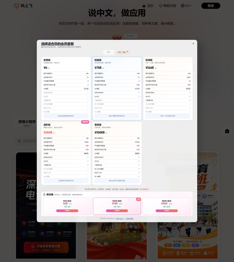 碼上飛定價彈窗年付視圖，四檔年費分別是 758 元、1248 元、2508 元、10068 元
