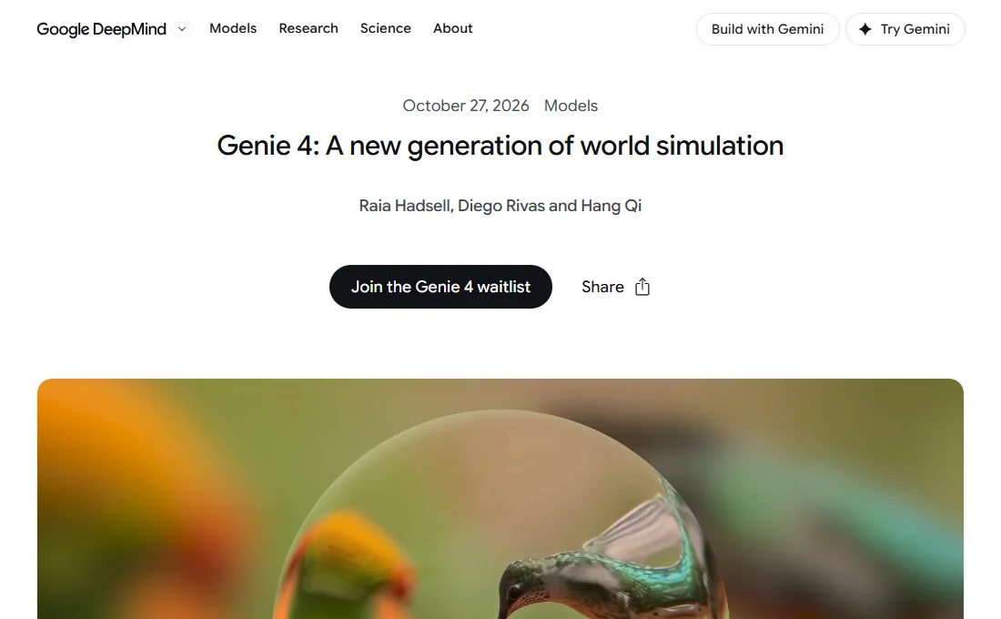 Google DeepMind 官方部落格 Genie 4 頁面首屏，標題為 Genie 4: A new generation of world simulation，日期 2026 年 10 月 27 日，下方是加入等候名單按鈕與一段模型生成的蜂鳥畫面