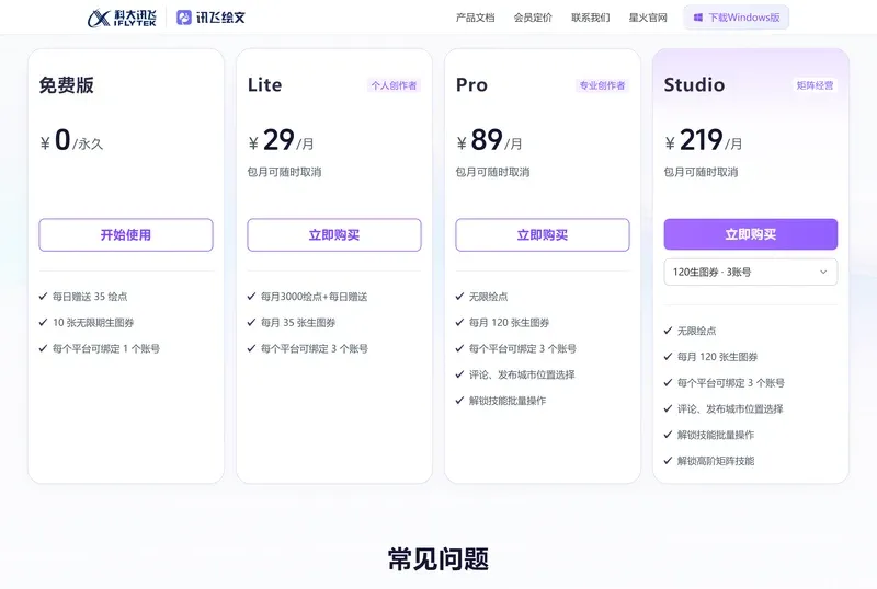 訊飛繪文會員定價頁四檔套餐,免費版0元、Lite29元、Pro89元、Studio219元