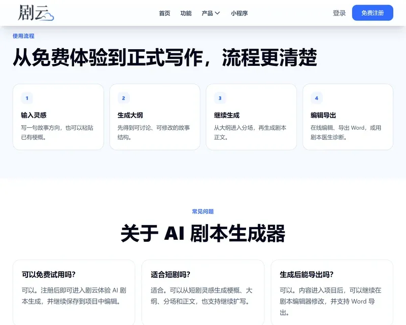 剧云AI剧本生成器页面的使用流程四步:输入灵感、生成大纲、继续生成、编辑导出