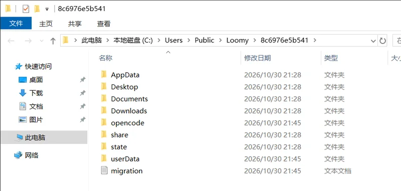 Loomy 資料目錄裡 opencode share userData 等八個資料夾