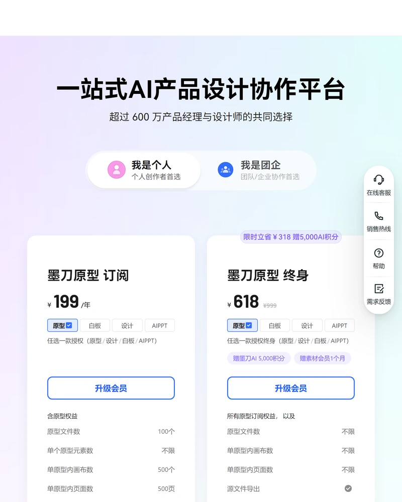 墨刀定价页,墨刀原型订阅 199 元每年,墨刀原型终身 618 元
