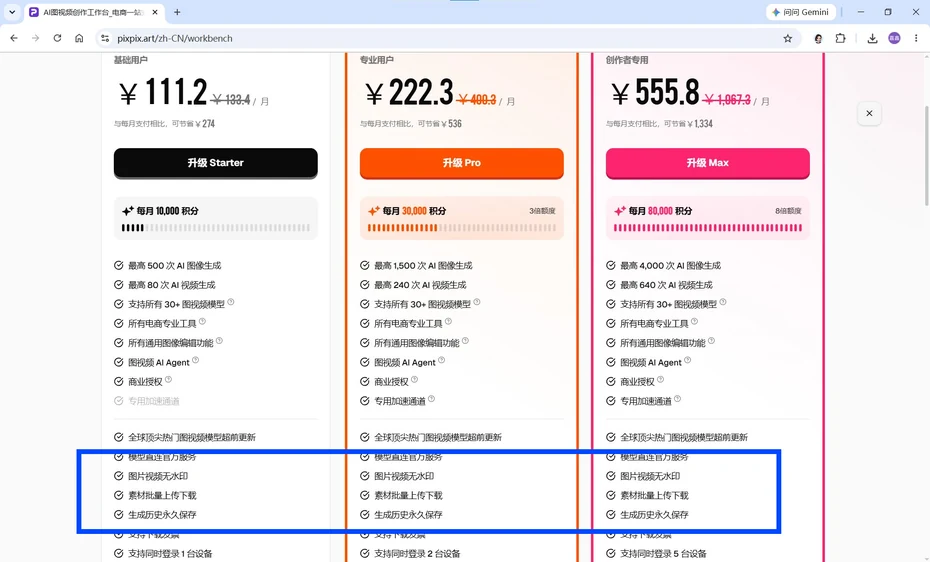PixPix三檔計劃底部的登入設備數量