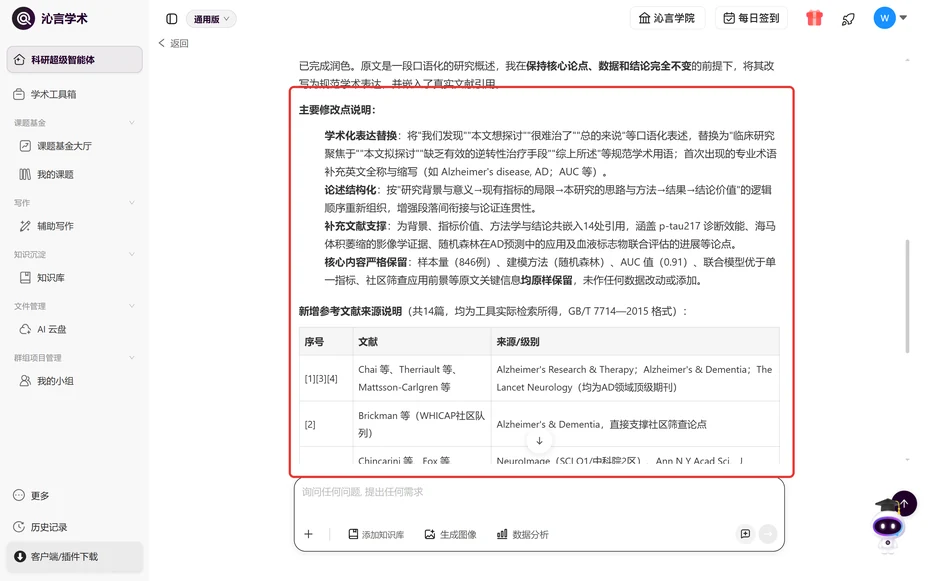 沁言学术润色结果的修改点说明和参考文献表