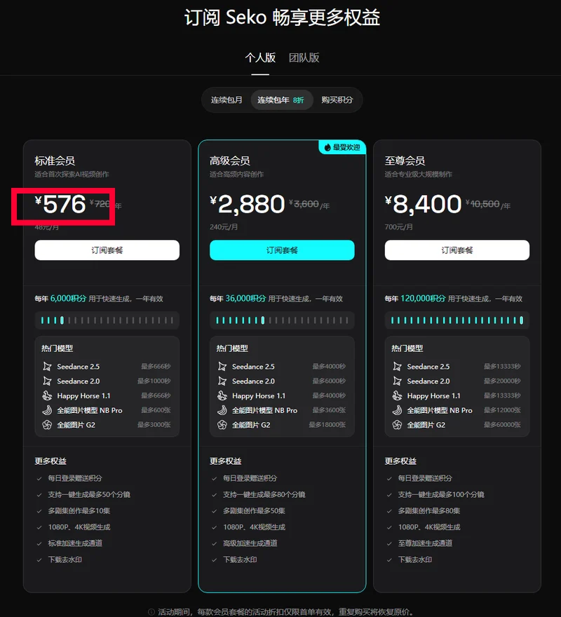 Seko會員定價頁標準會員576元每年高級2880元至尊8400元三檔對比