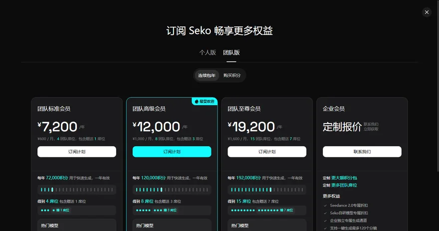 seko團隊版三檔會員的席位和每年積分
