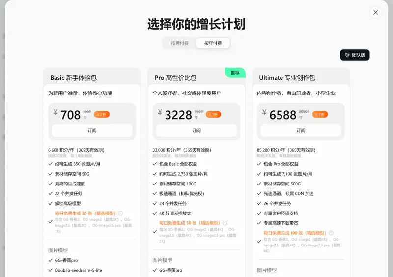 SkildArt会员价格弹窗按年付费,三档年费与积分