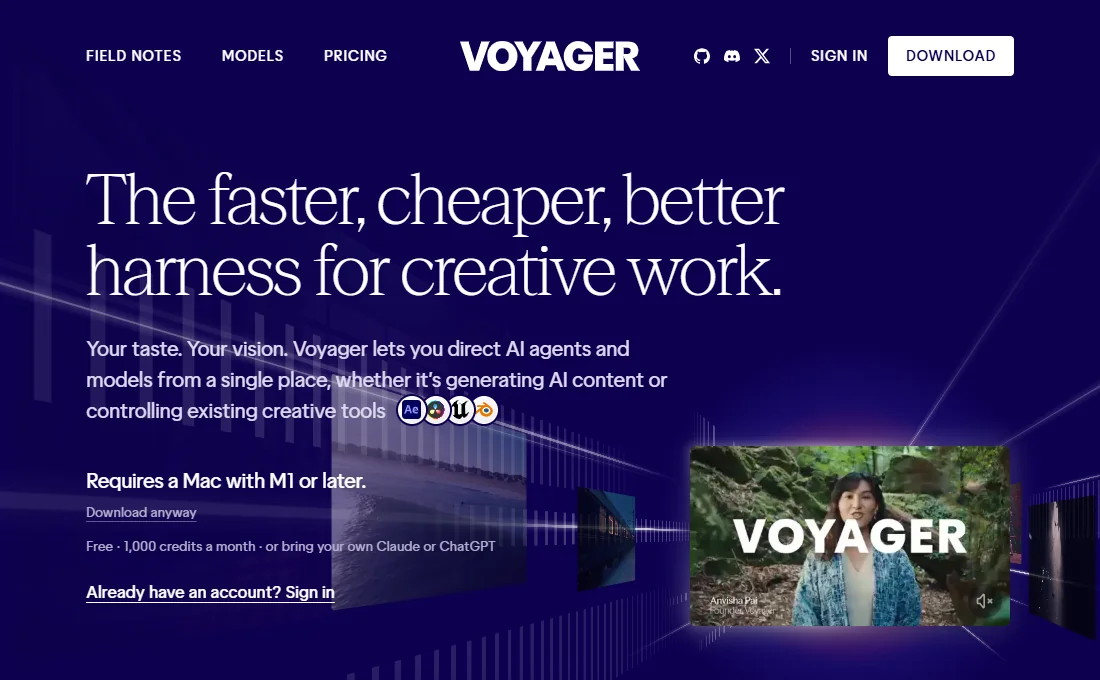 Voyager 官網首屏截圖，主標語 The faster, cheaper, better harness for creative work，下方是下載按鈕與免費 1000 點數的說明