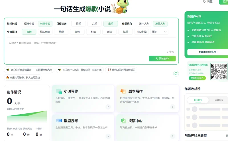 蛙蛙寫作官網首頁，一句話生成爆款小說輸入框，下面是小說寫作、劇本寫作、漫劇影片、投稿中心四個模塊