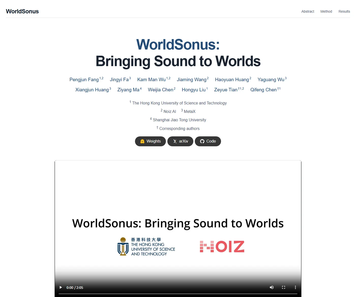 WorldSonus 項目首頁截圖,標題為 WorldSonus: Bringing Sound to Worlds,列出作者與港科大、Noiz AI、MetaX、上海交大四家單位