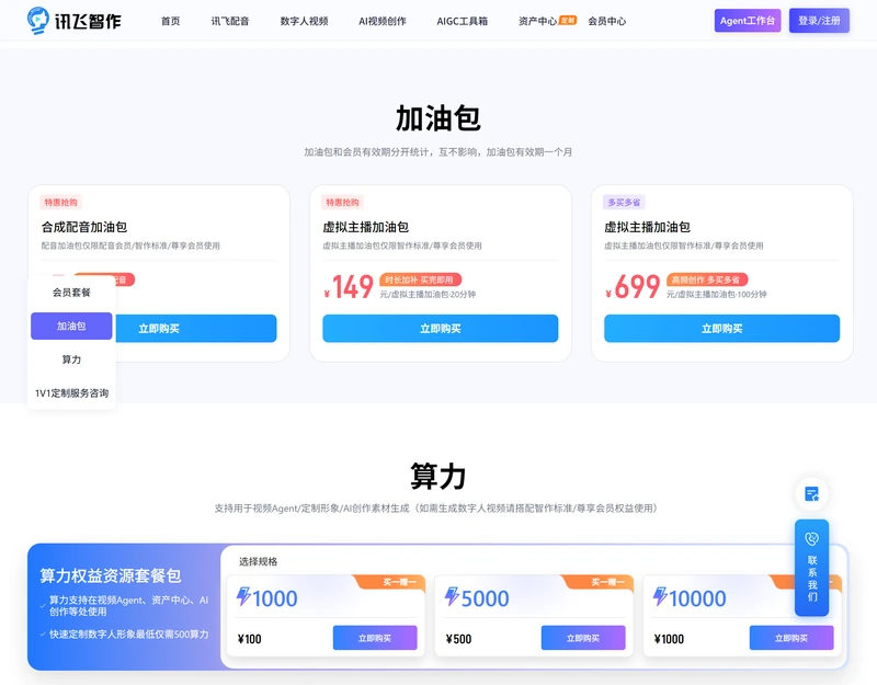 訊飛智作會員中心的加油包與算力頁面,合成配音加油包、虛擬主播加油包 149 元 20 分鐘與 699 元 100 分鐘,算力包 1000、5000、10000 三檔