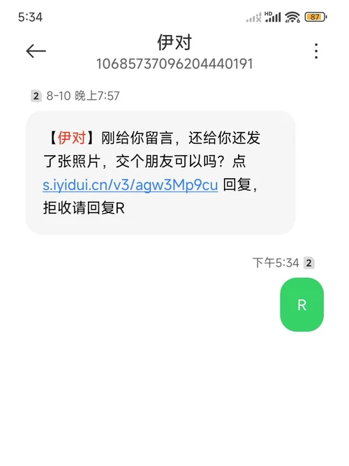 伊對簡訊正文末尾寫著拒收請回覆R,下方是已發出的綠色R氣泡