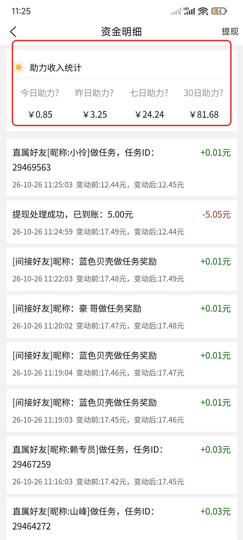 柚子快报资金明细页上方的助力收入统计和今日昨日七日30日四个金额
